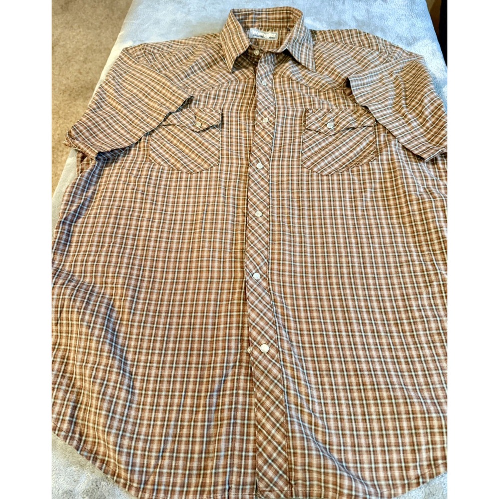 Wrangler Wrancher Plaid Striped Pearl Snap Shirt Sleeve Size L Button Up Shirt